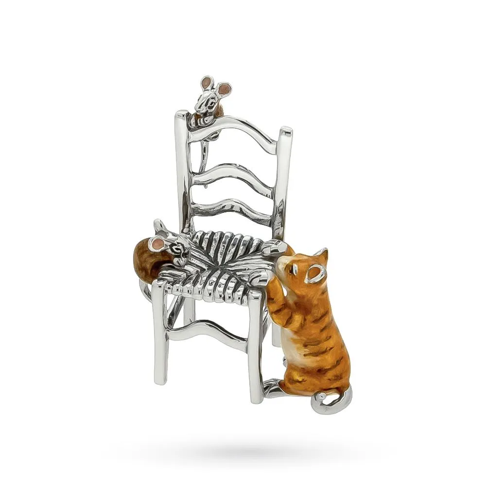 Gatto sedia 2 topolini soprammobile argento 925 smalto