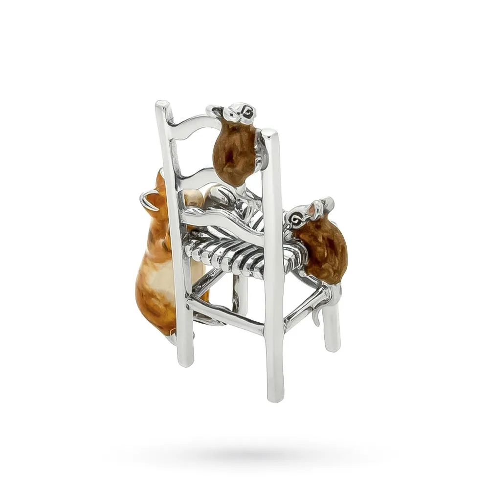 Gatto sedia 2 topolini soprammobile argento 925 smalto