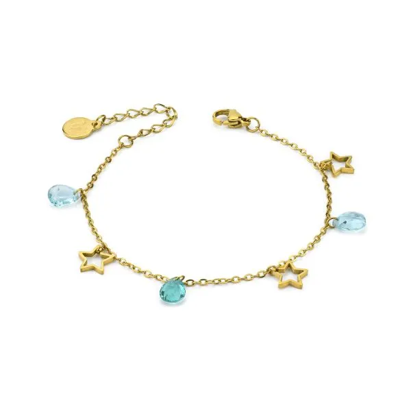 MK/BR11 Bracciale oro giallo con charms e inserti acquamarina e blu zircon    